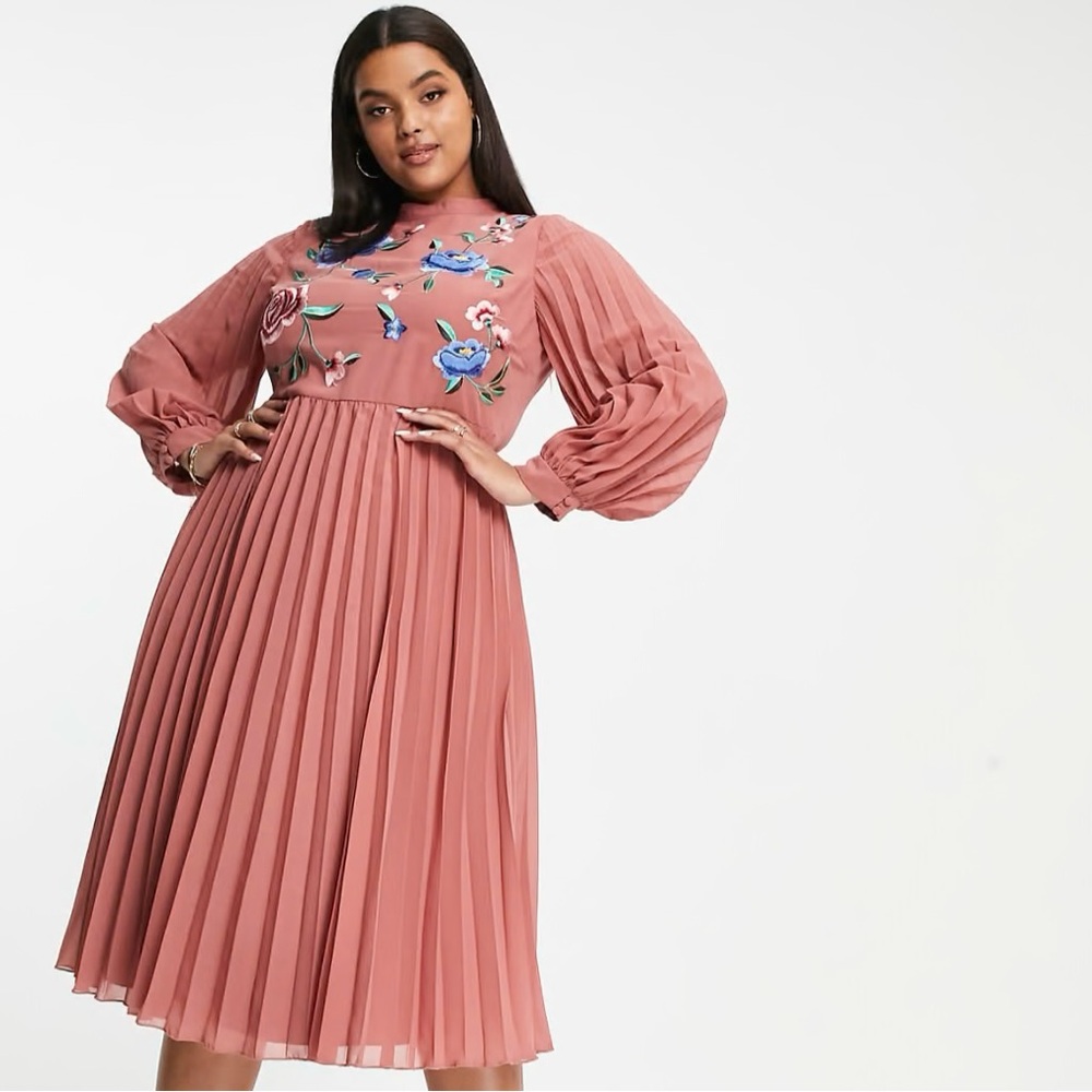 ASOS Curve pleated long sleeve skater midi dress with embroidered florals